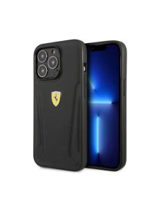 Ferrari For iPhone 14 Pro Leather Case With Hot Stamped Sides & Yellow Shield Logo - Black