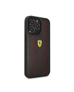 فيراري جراب ظهر لهاتف أيفون 14 برو ماكس PU جلد Perforated مع Nylon Base & Yellow Shield Logo - أحمر