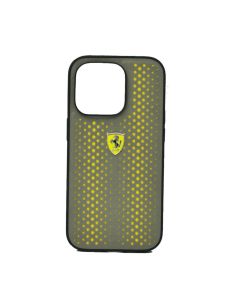 فيراري جراب ظهر لهاتف أيفون 14 برو ماكس PU جلد Perforated مع Nylon Base & Yellow Shield Logo - أصفر