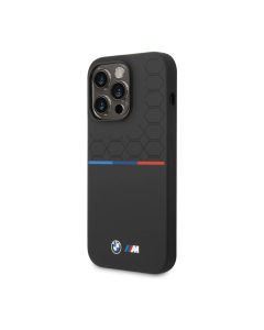 BMW For iPhone 14 Pro M Collection Liquid Silicone Case Printed UV Varnish Pattern Tricolor Line & Logo - Black