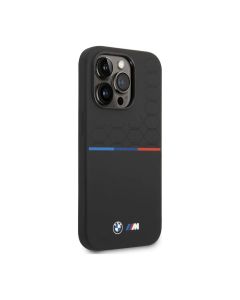 BMW For iPhone 14 Pro Max  M Collection Liquid Silicone Case Printed UV Varnish Pattern Tricolor Line & Logo - Black