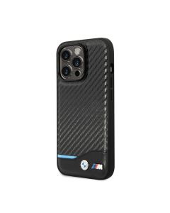 BMW For iPhone 14 Pro Max M Collection Magsafe Pu Carbon Case With Bottom Horizontal Blue Line & Printed Logo - Black