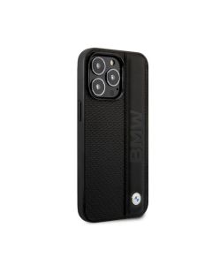 BMW For iPhone 14 Pro Signature Collection Genuine Leather Case With Textured & Big Logo Stripe - Black