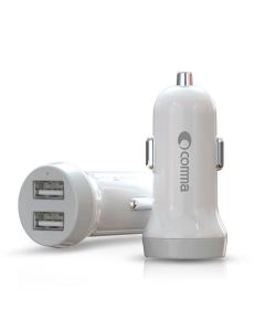 Comma Car Charger with Lightning Cable - 2.4A 2USB Plastic - EA289 - White