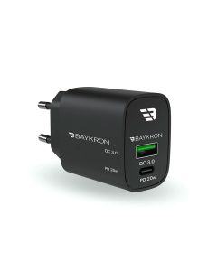 Baykron Fast Charging Dual Port Wall Charger with Type-C 20W PD +QC 3.0 EU - Black