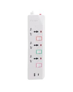 E-train (PS074) Power Strip 16A 3 Output Plugs + 1 USB + 1 Type-C 2.4A - 1.5M With On-Off Switch - White